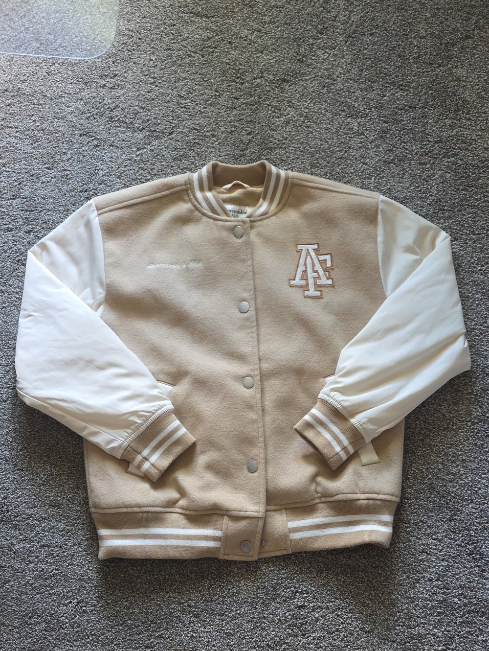 abercrombie kids Tan and White Varsity Jacket with AF Patch